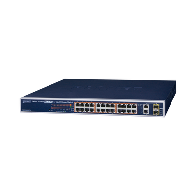 Switch administrable de 24 puertos 10/100TX PoE+ y 2 puertos combo TP/SFP Gigabit