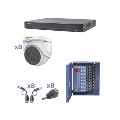 Kit TURBOHD 1080p / DVR 8 Canales / 8 Cámaras Turret (exterior 2.8 mm) / Conectores / Transceptores / Fuente de Poder Profesional hasta 15 Vcc para Larga Distancia