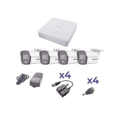 KIT COLORVU TURBOHD 1080p Lite / DVR 4 Canales / 4 Cámaras Bala (exterior 2.8 mm) / Transceptores / Conectores / Fuente de Poder Profesional