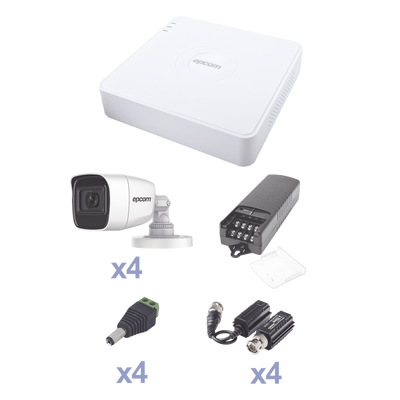 KIT TurboHD con Audio 1080p / DVR 4 Canales / 4 Cámaras Bala (exterior 2.8 mm) / Transceptores / Conectores / Fuente de Poder / AUDIO POR COAXITRON