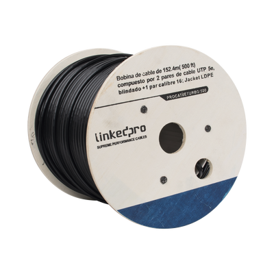 Bobina de cable de 152 m ( 500 ft ) compuesto por 2 pares de cable UTP 5e , blindado + 1 par calibre 16 ; Jacket LDPE ( Cable 100% Cobre )