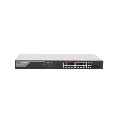 Switch Monitoreable PoE+ / 16 puertos 10/100 Mbps PoE+ / 2 puertos 10/100/1000 Mbps + 2 puertos SFP de Uplink / PoE hasta 250 metros / conexión remota desde Hik-ProConnect / 230 W