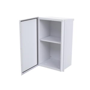 Gabinete Acero Galv. para 2 Baterías PL110D12 (400 x 730 x 300mm). Puerta Sin Ventilación. Acc. para piso o poste No incluidos.