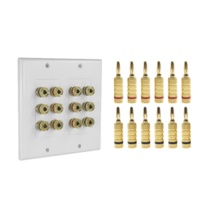 KIT 1 Placa de Pared + 6 Pares Conectores Banana (Rojo+Negro) | Postes de Unión Tipo Banana | Conexión para 6 Altavoces | Fácil Instalación | Conectores Chapados en Oro